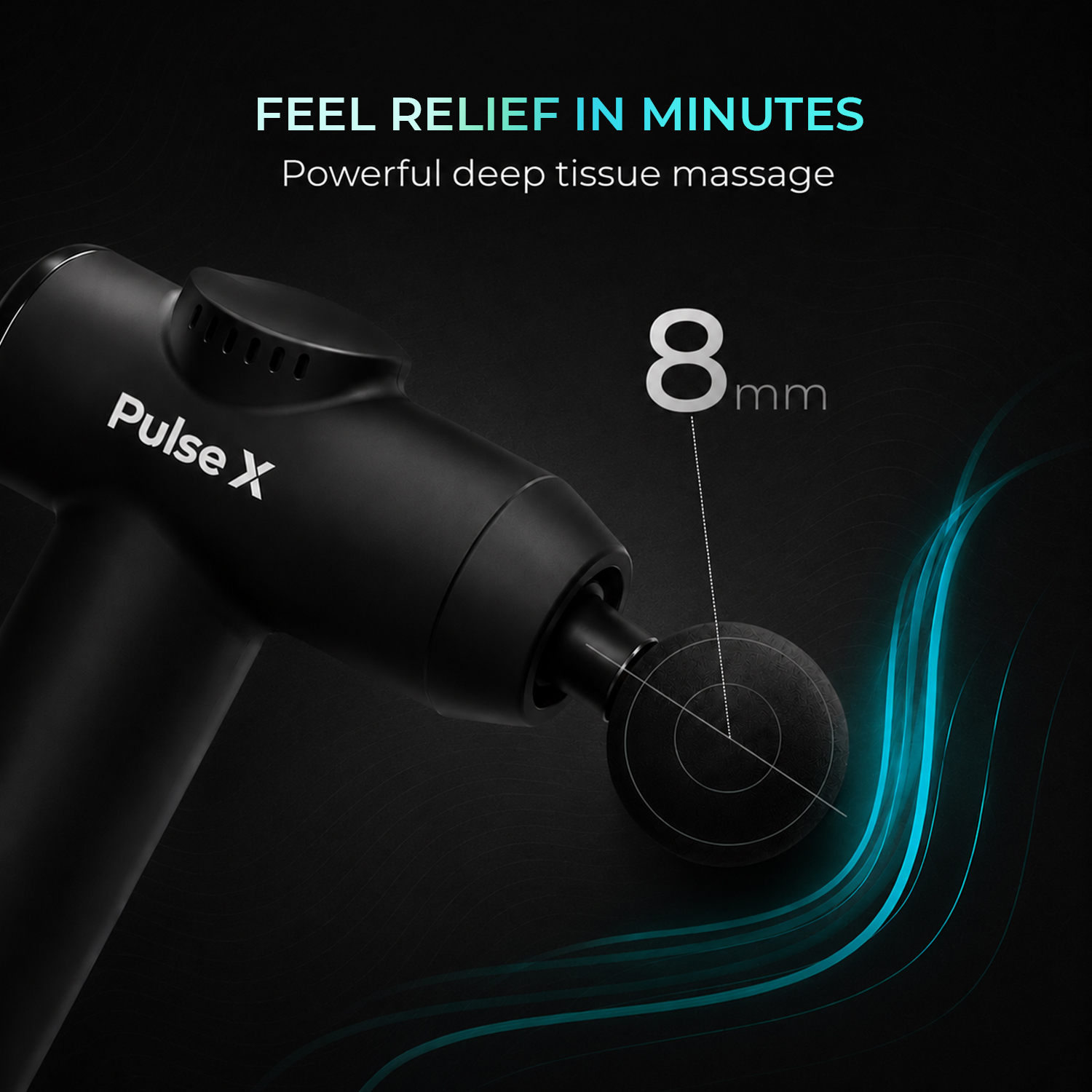 Feel relief in minutes — powerful deep-tissue massage. PulseX massage gun delivering 8 mm of amplitude.
