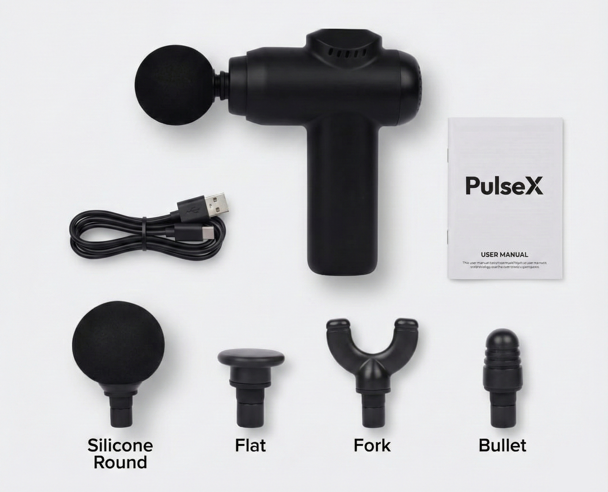 PulseX kit — massage gun, four heads, USB-C cable and manual