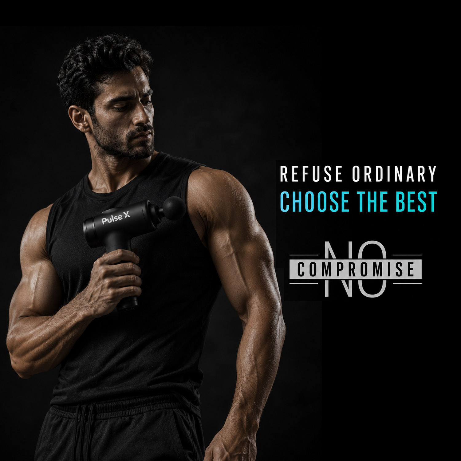 Refuse ordinary. Choose the best. No compromise. — athlete holding the PulseX massage gun