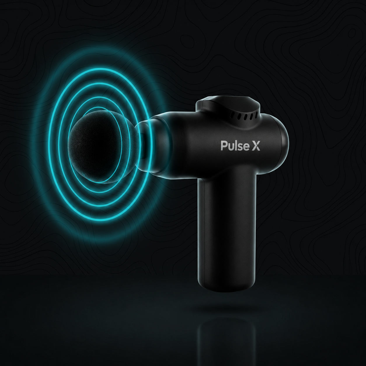 PulseX mini percussion massage gun firing, cyan percussion rings radiating from the head