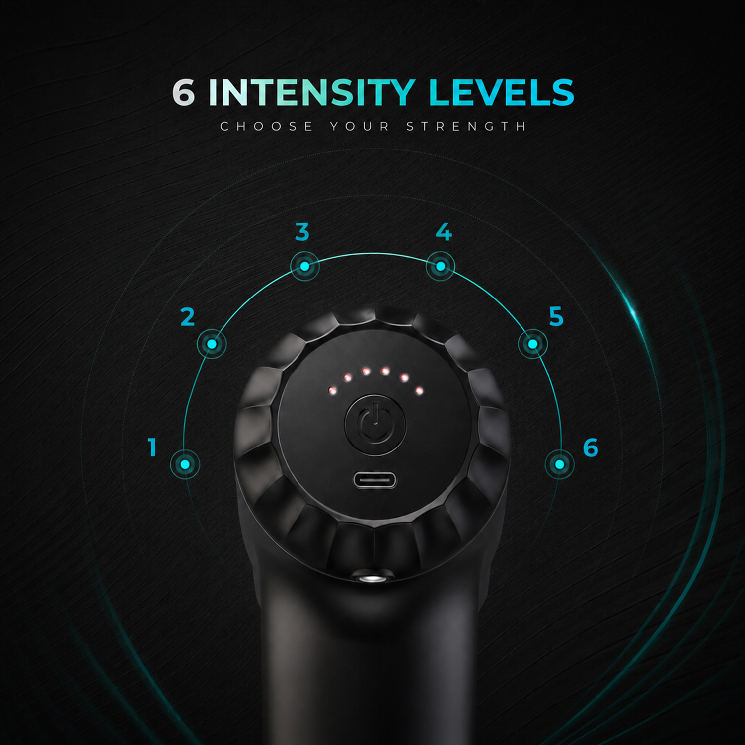 Rear cap — power button, USB-C port and six-level LED arc